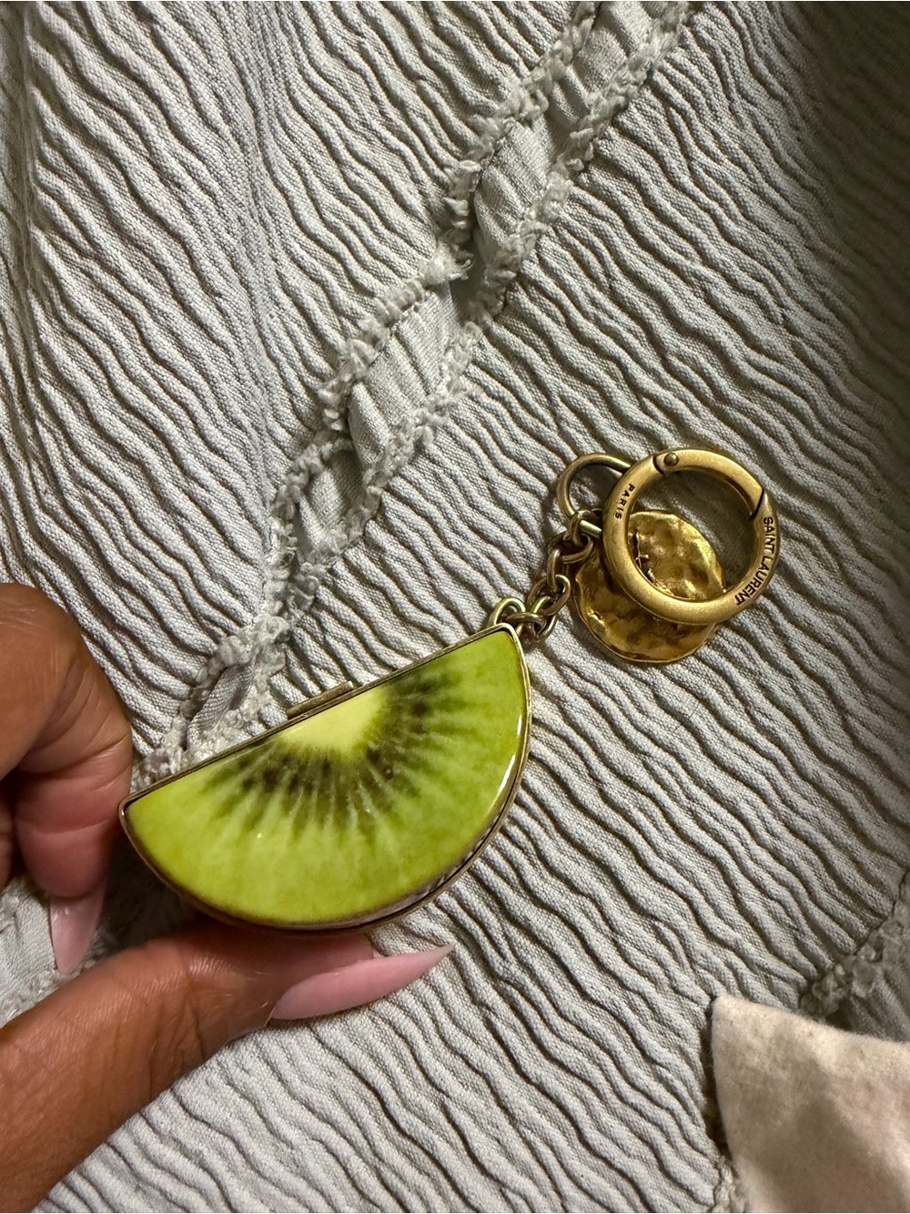 Saint Laurent Green Kiwi Slice Brooch with Gold-Tone Hardware